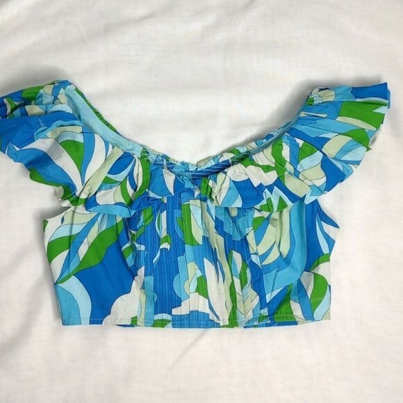 Anthropologie Maeve Top M Blue Puff Sleeve Ruffle Crop Top  V-Neck  Smocked - Picture 4 of 9